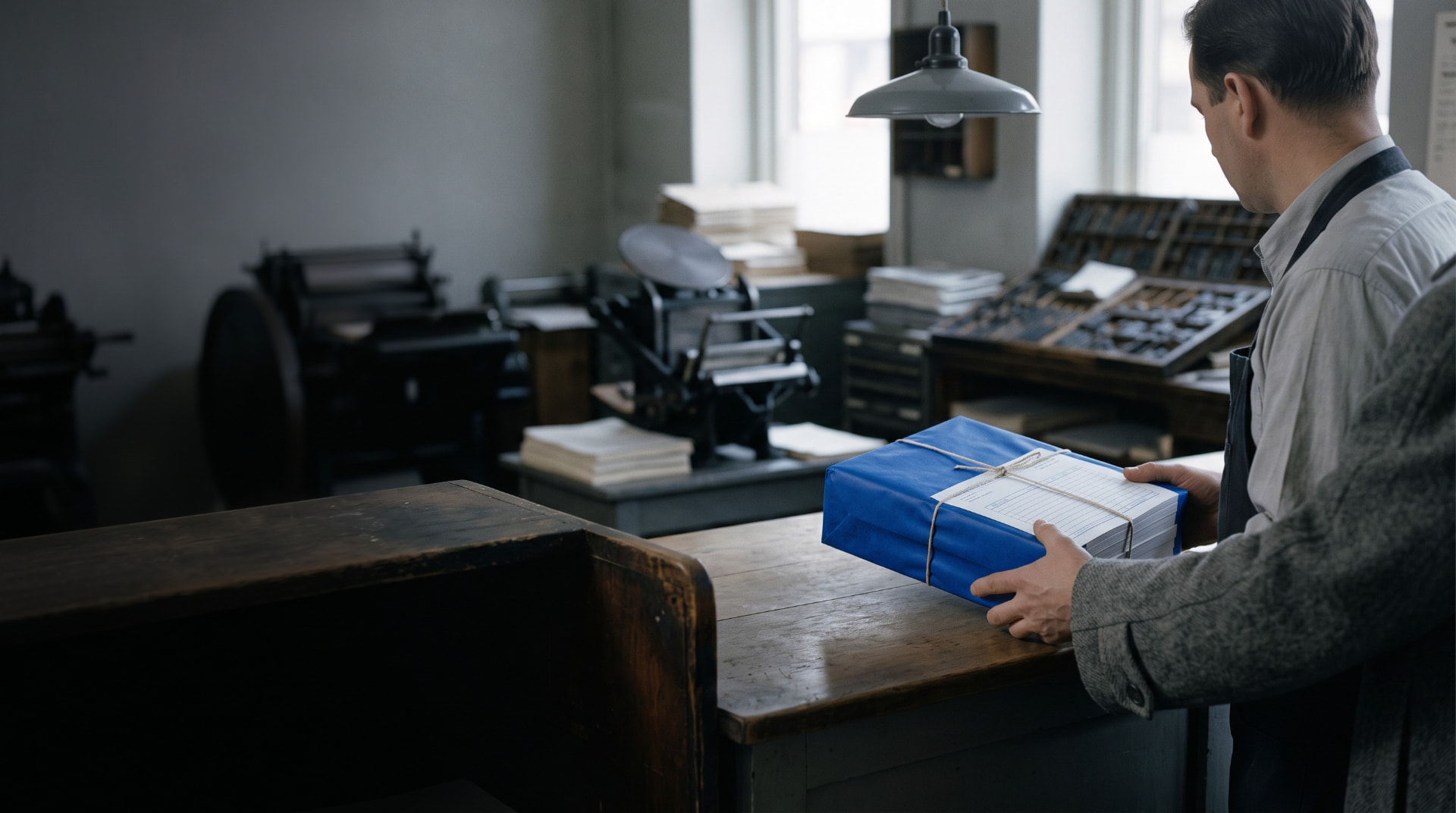 A 1950s job printer hands a customer a finished order wrapped in blue paper across a wooden counter, with presses and type cases behind him.