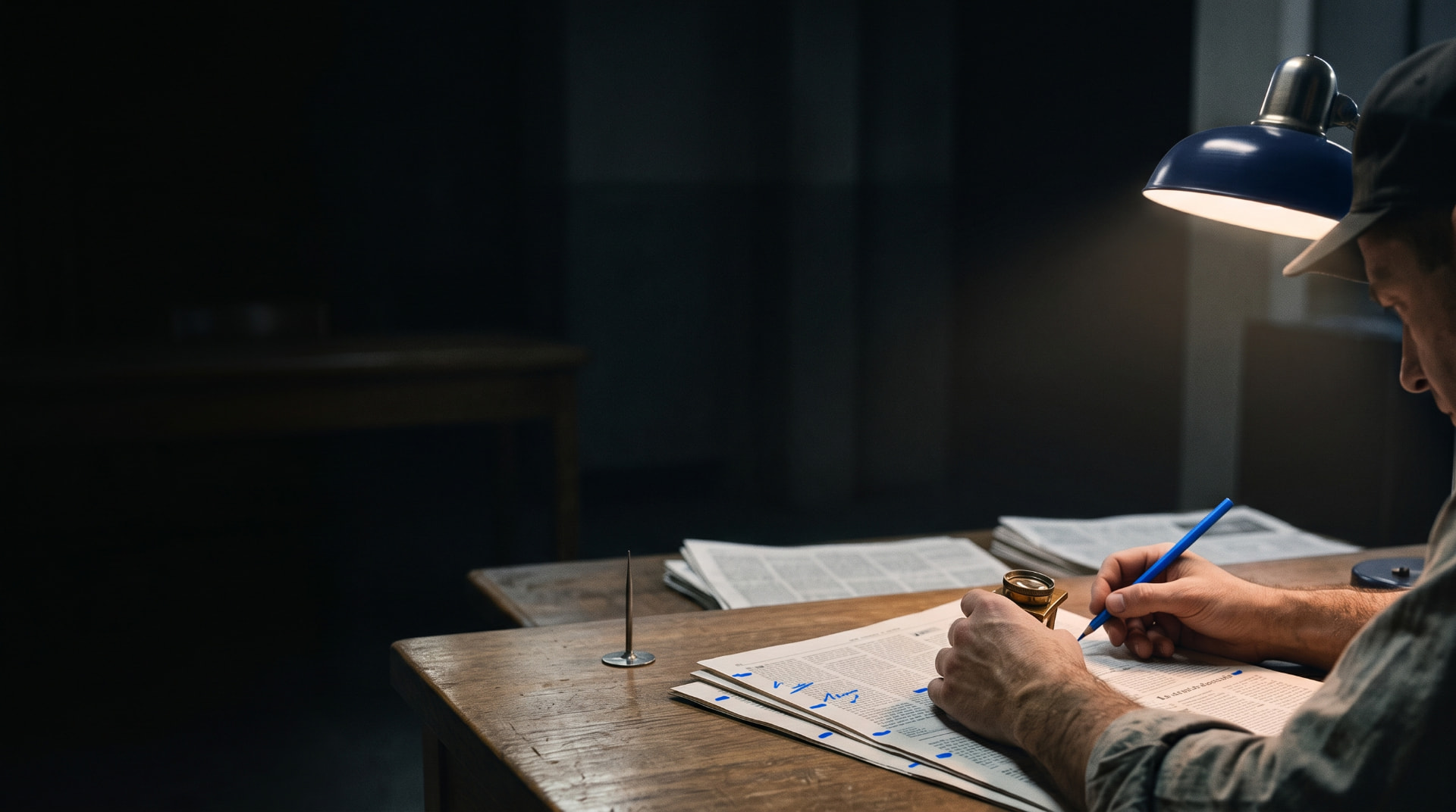 A person reviewing and marking newspaper pages at a desk under a reading lamp