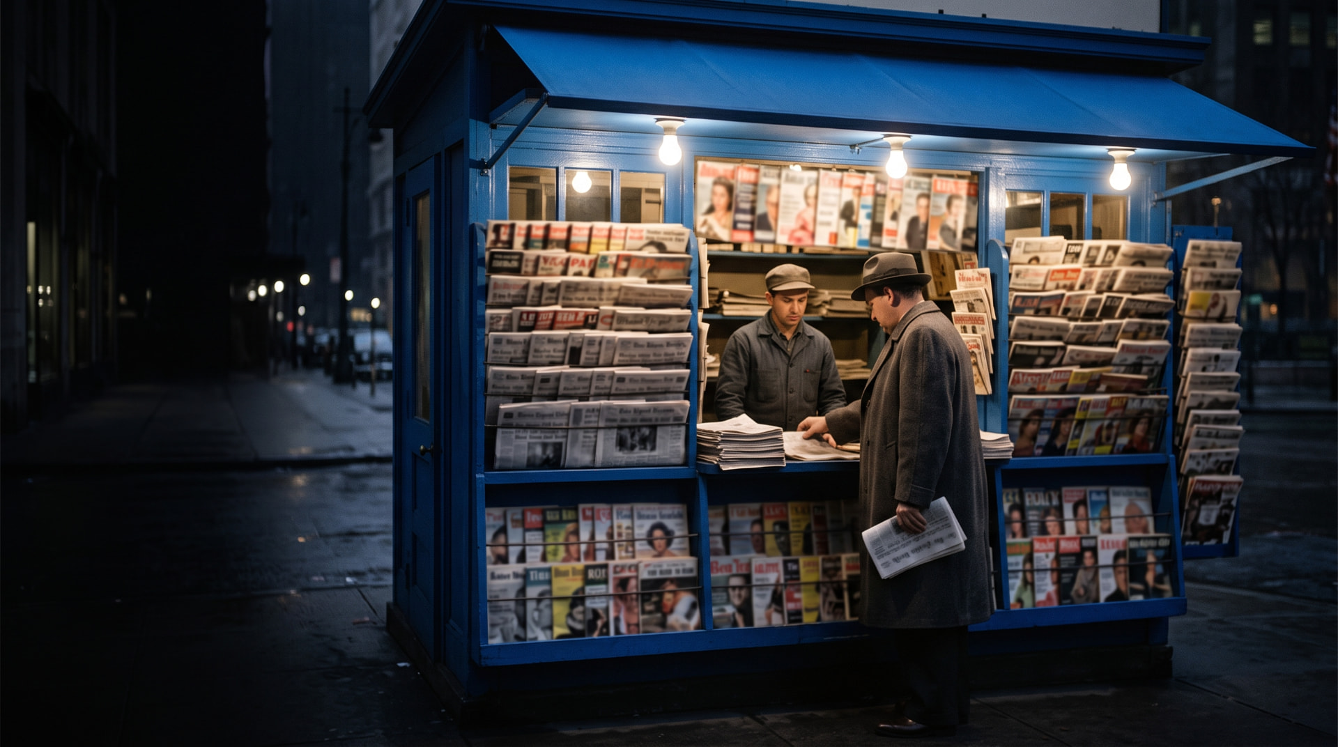 A man buying a newspaper at a lit blue newsstand kiosk on a dark city street at night