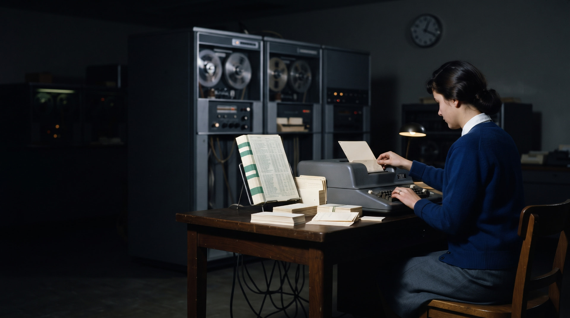 A woman in a blue sweater typing at an IBM keypunch beside stacks of punch cards, with reel-to-reel tape computers behind her