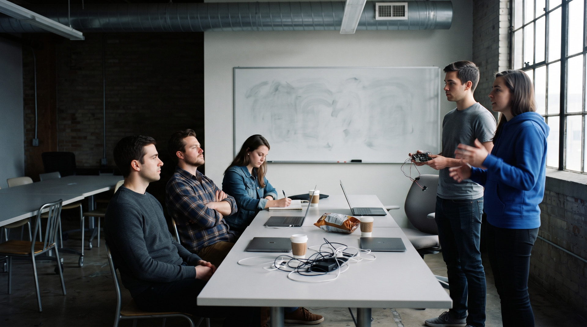 Two founders standing at the head of a conference table during a pitch, one holding a small electronics prototype, while four reviewers listen from chairs beside laptops and coffee cups