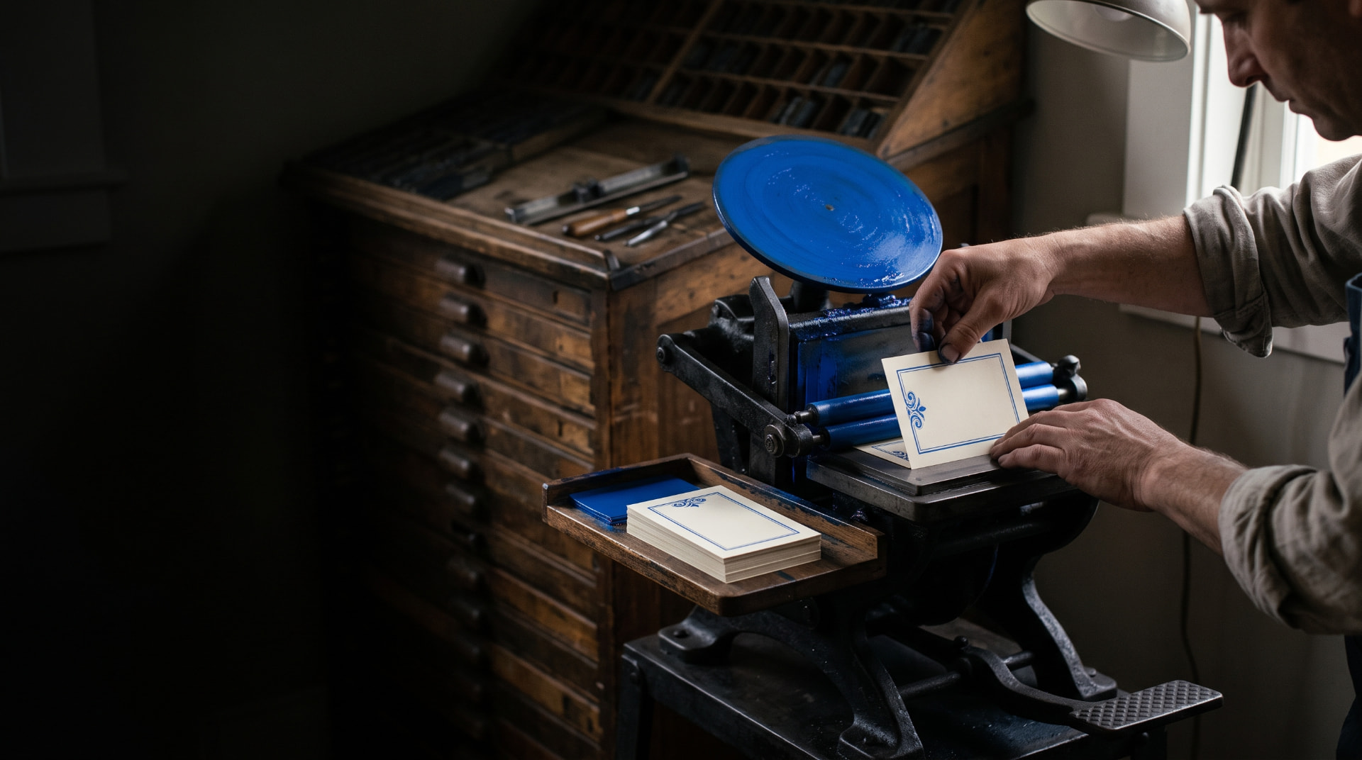 A printer feeding a card into a small hand-operated letterpress inked in bright blue, beside a wooden type cabinet
