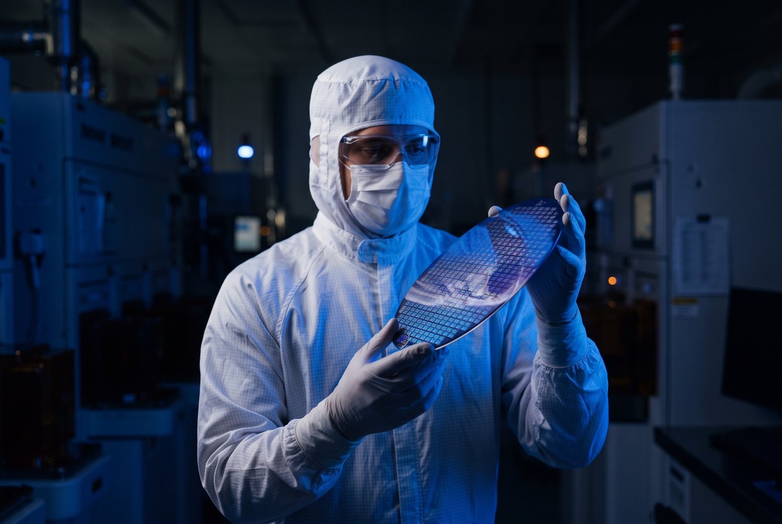 Technician in a cleanroom suit holding a silicon wafer to a blue light
